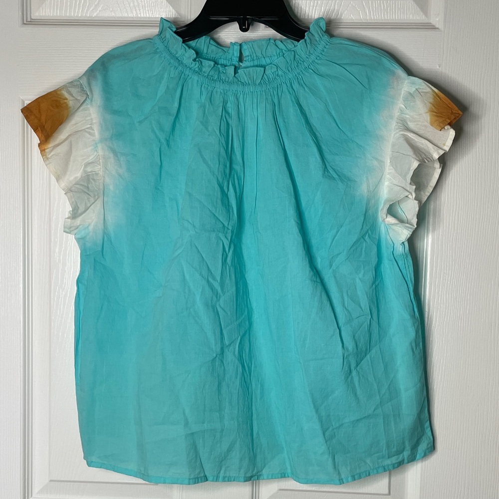 THML Turquoise Tie-Dye Ruffle Sleeve Blouse with White and Gold Accents